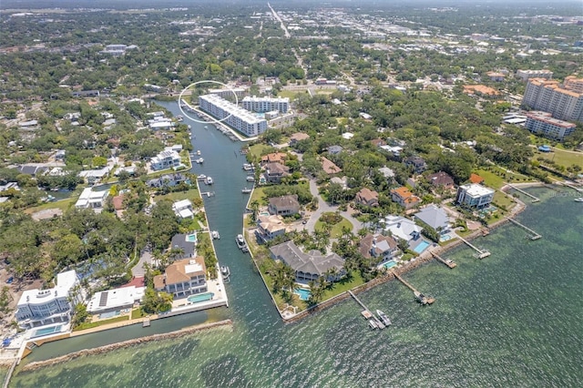 drone / aerial view featuring a water view