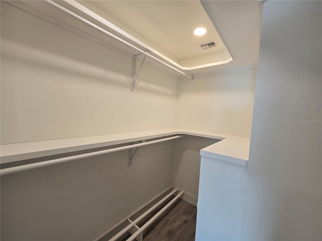 spacious closet with dark hardwood / wood-style flooring