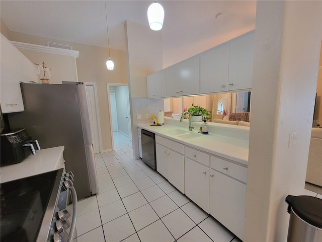 kitchen with white cabinets, black dishwasher, sink, hanging light fixtures, and stainless steel range with electric stovetop