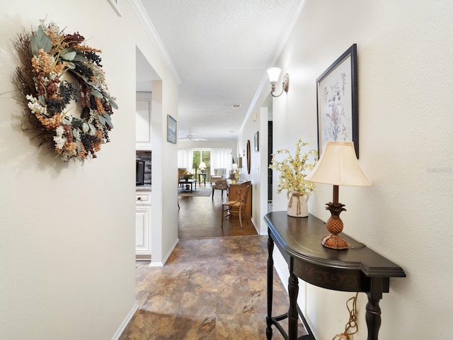 corridor with ornamental molding and a textured ceiling