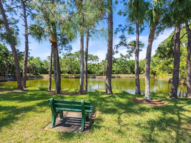 view of property's community featuring a water view and a yard