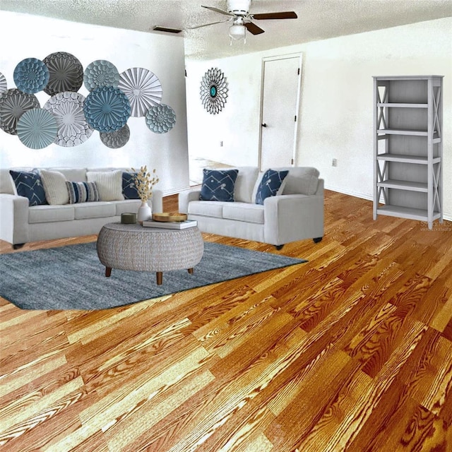 living room with wood-type flooring, a textured ceiling, and ceiling fan