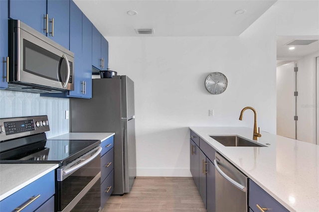 kitchen featuring appliances with stainless steel finishes, blue cabinetry, and sink