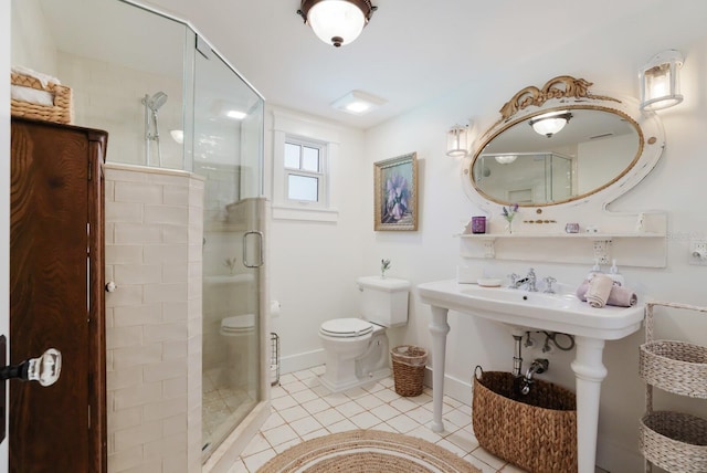 bathroom with tile patterned floors, toilet, and walk in shower