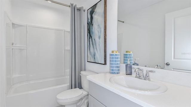 full bathroom featuring toilet,  shower combination, and vanity