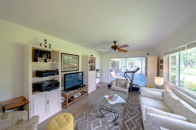 living room with wood-type flooring and ceiling fan