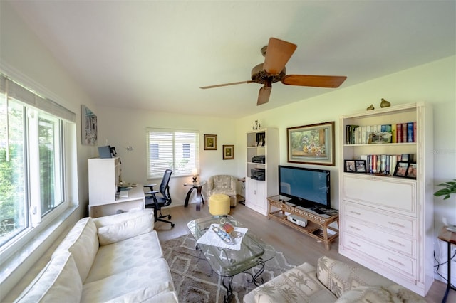 living room with hardwood / wood-style floors and ceiling fan