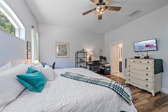 bedroom with ceiling fan and hardwood / wood-style floors