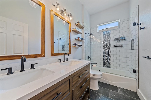 full bathroom featuring vanity, toilet, and enclosed tub / shower combo