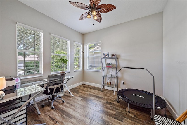 home office featuring a wealth of natural light, hardwood / wood-style floors, and ceiling fan