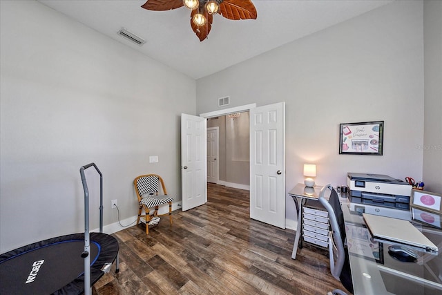 office with dark hardwood / wood-style flooring, high vaulted ceiling, and ceiling fan