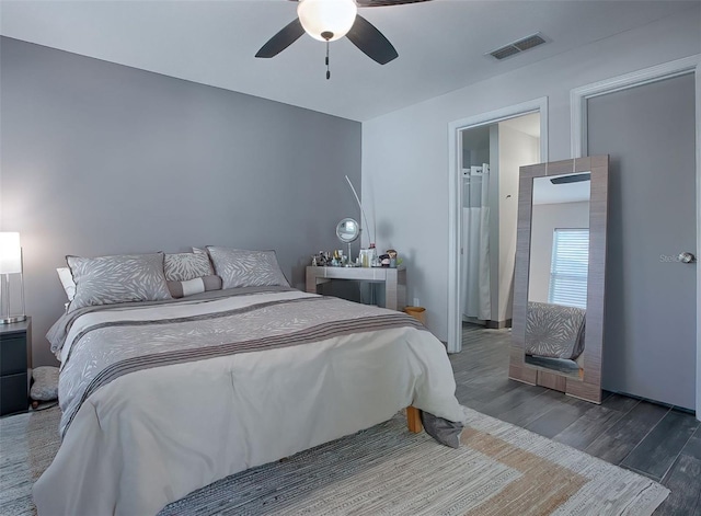 bedroom featuring hardwood / wood-style floors and ceiling fan