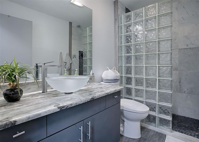 bathroom featuring vanity, a tile shower, and toilet