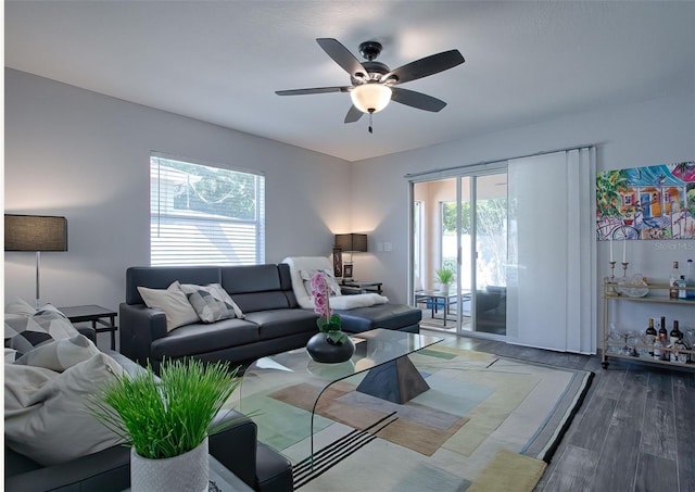 living room featuring ceiling fan and hardwood / wood-style flooring