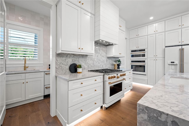 kitchen featuring sink, light stone counters, premium range hood, white cabinets, and high end appliances