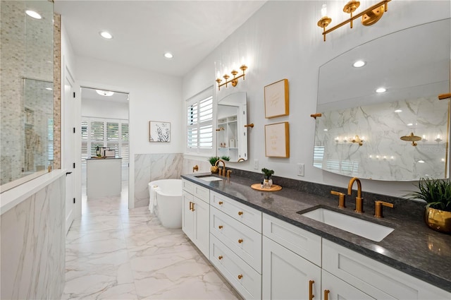 bathroom with vanity, plus walk in shower, and tile walls