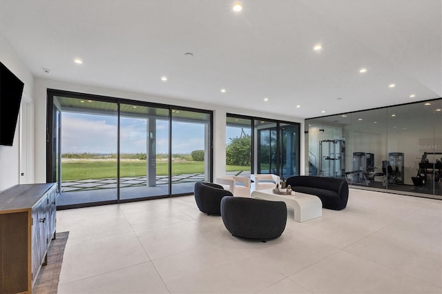 tiled living room with expansive windows