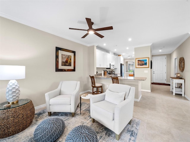 living room featuring light tile patterned floors, crown molding, and ceiling fan