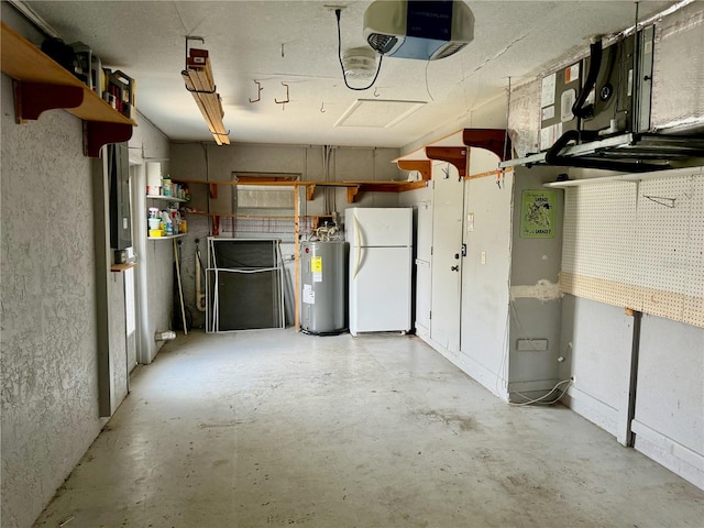 garage with white fridge, a garage door opener, and water heater