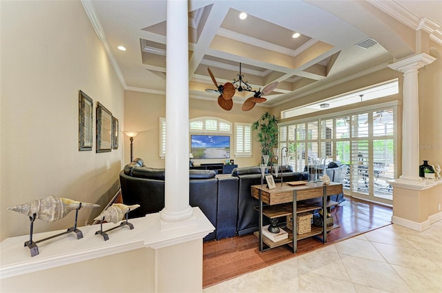 tiled home office featuring ornamental molding, beam ceiling, decorative columns, and coffered ceiling