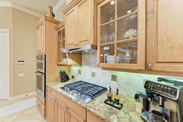 kitchen featuring decorative backsplash, stainless steel appliances, light tile patterned floors, and ornamental molding