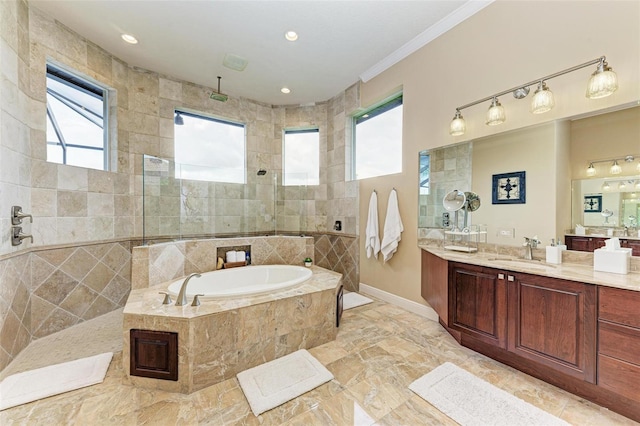 bathroom featuring vanity, tile patterned flooring, ornamental molding, and separate shower and tub