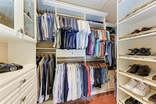 spacious closet with dark hardwood / wood-style floors