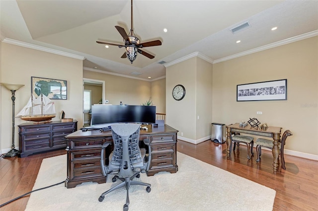 office featuring ceiling fan, hardwood / wood-style flooring, and ornamental molding