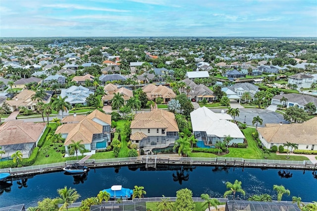 drone / aerial view featuring a water view