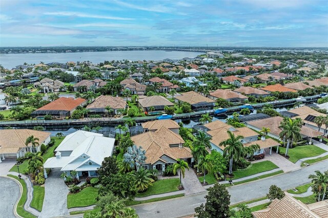 drone / aerial view featuring a water view