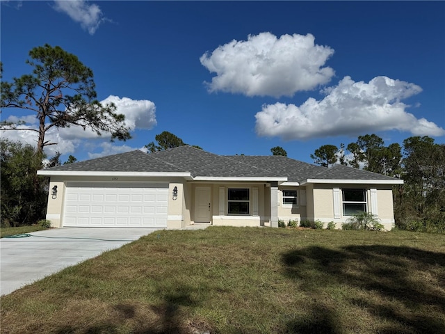 ranch-style house with a front yard and a garage