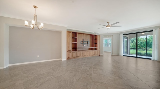 unfurnished living room with ceiling fan with notable chandelier and crown molding