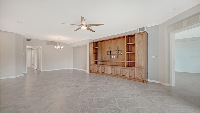 unfurnished living room featuring ceiling fan with notable chandelier and ornamental molding