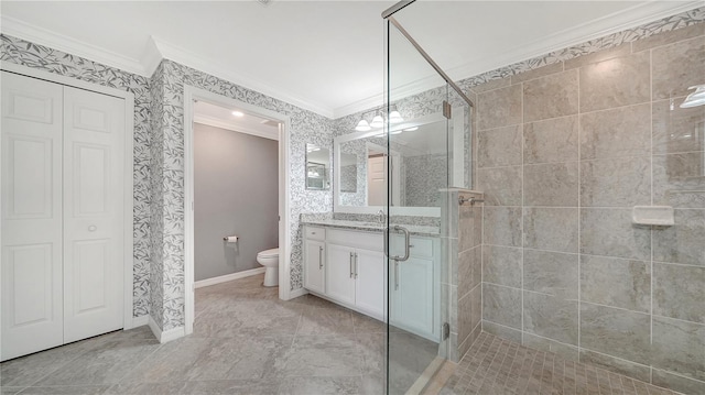 bathroom with vanity, toilet, walk in shower, ornamental molding, and a chandelier