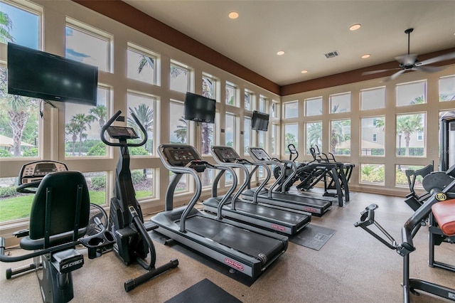 exercise room featuring ceiling fan