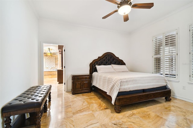 bedroom with ensuite bathroom, ceiling fan, and ornamental molding