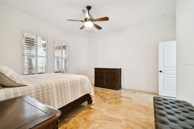 bedroom with ceiling fan and crown molding