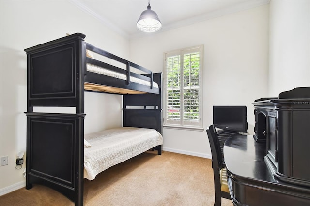 bedroom featuring ornamental molding, light carpet, and multiple windows