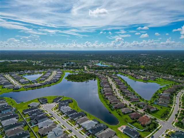 birds eye view of property featuring a water view and a residential view