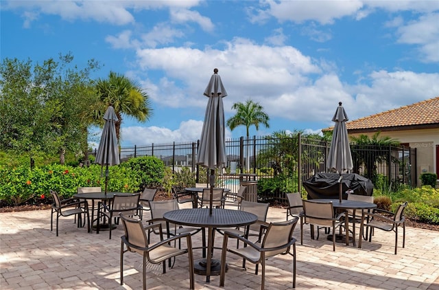 view of patio with outdoor dining space and fence