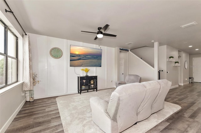 2352 Marton Oak Blvd, North Port, FL 34289 - living room with wood finished floors, a ceiling fan, recessed lighting, and baseboards