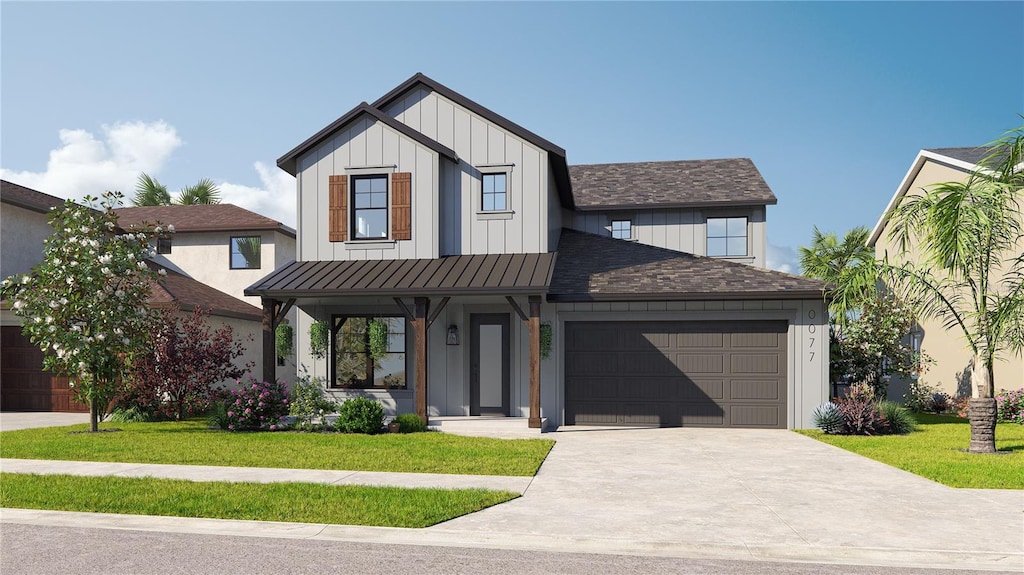 modern farmhouse style home featuring covered porch, a garage, and a front lawn