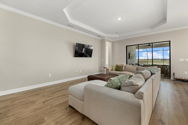 living room featuring light hardwood / wood-style flooring, a raised ceiling, and crown molding