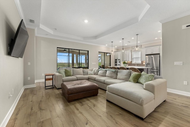 living room with a tray ceiling, crown molding, light hardwood / wood-style flooring, and sink