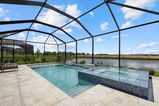 view of swimming pool featuring an in ground hot tub, a patio, a water view, and glass enclosure