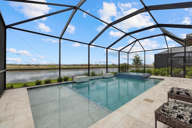 view of pool featuring a patio, a water view, and a lanai