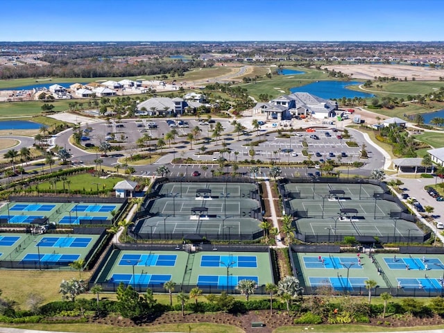 birds eye view of property featuring a water view