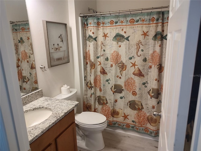 bathroom with a shower with curtain, vanity, toilet, and hardwood / wood-style flooring