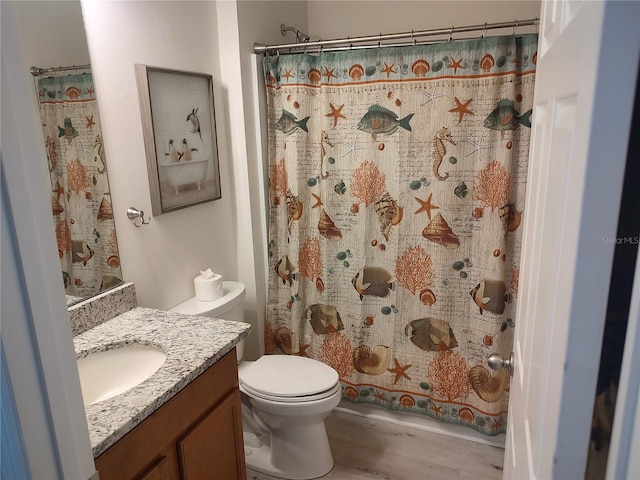 bathroom with vanity, hardwood / wood-style floors, toilet, and a shower with shower curtain