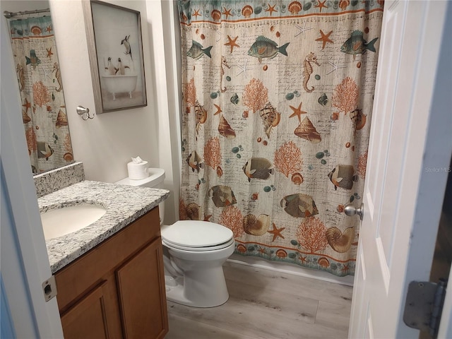 bathroom with wood-type flooring, curtained shower, vanity, and toilet